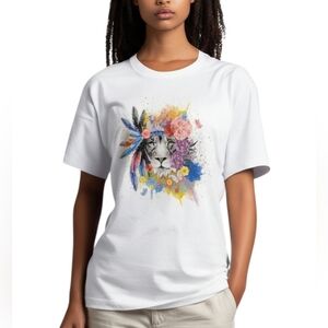 White T-shirt with Colorful Lion And Floral Graphic Medium